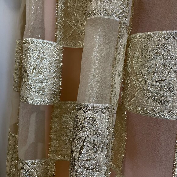 Vintage 70s Metallic Gold Check High Neck Cowl Modest Long Sleeve Gown - Picture 10 of 16